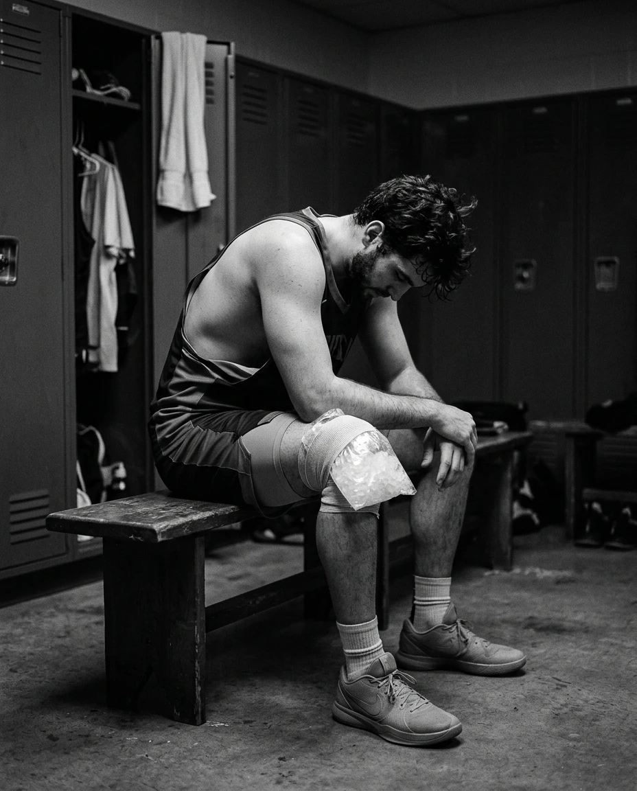 Solitary athlete sitting on a locker room bench after a game — the silence the substance is asked to fill