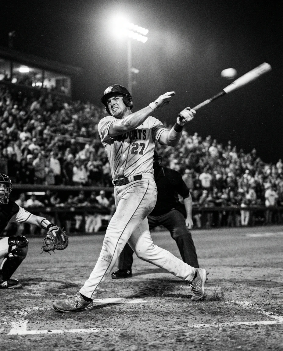 Baseball batter mid-swing at follow-through after contact, stadium lighting and intense focus, dramatic black-and-white photojournalism