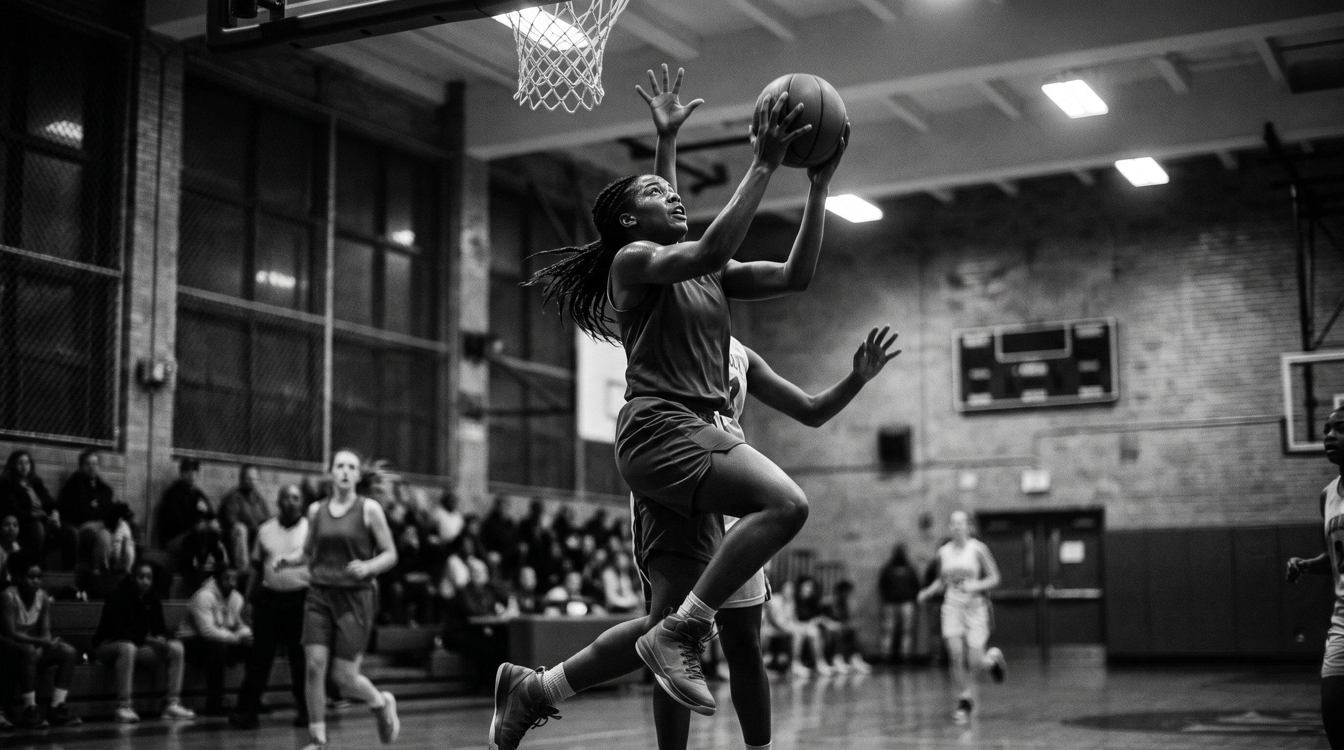 Female basketball player mid-air — grayscale
