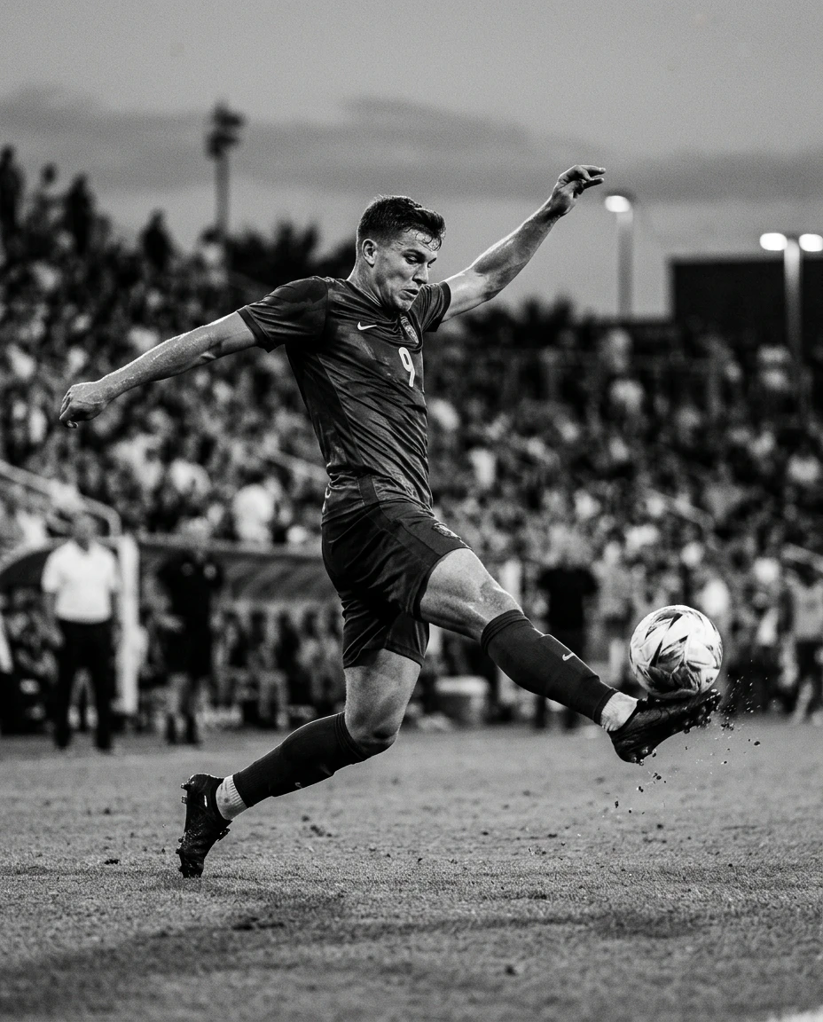 Soccer player striking the ball mid-action