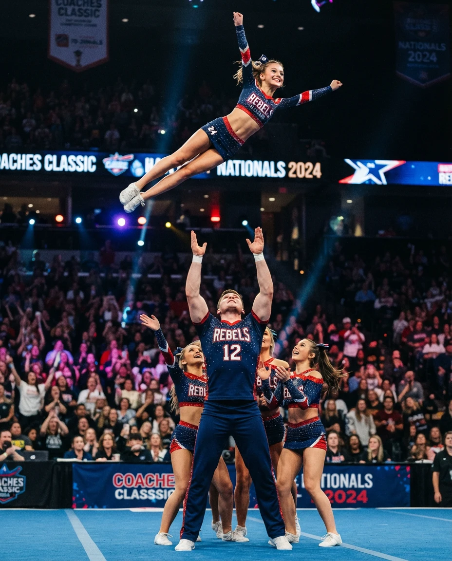 All-star cheerleader mid-flying stunt being thrown into the air by base, dramatic lighting and competition floor