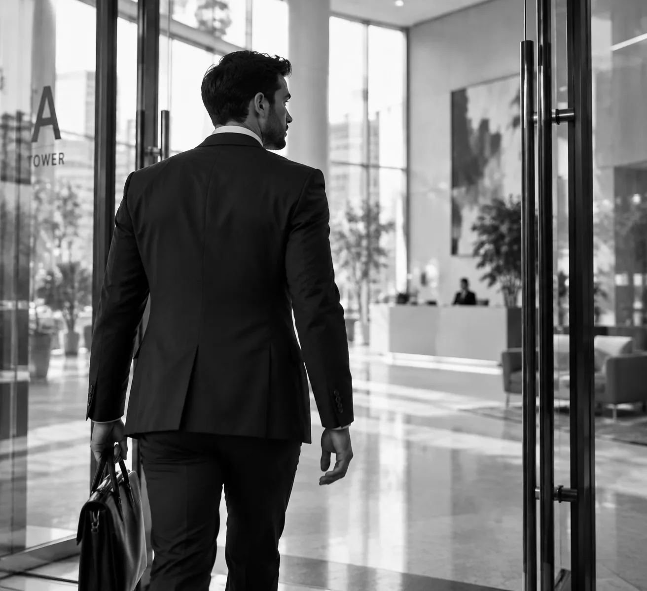 Professional in a suit walking into an office lobby