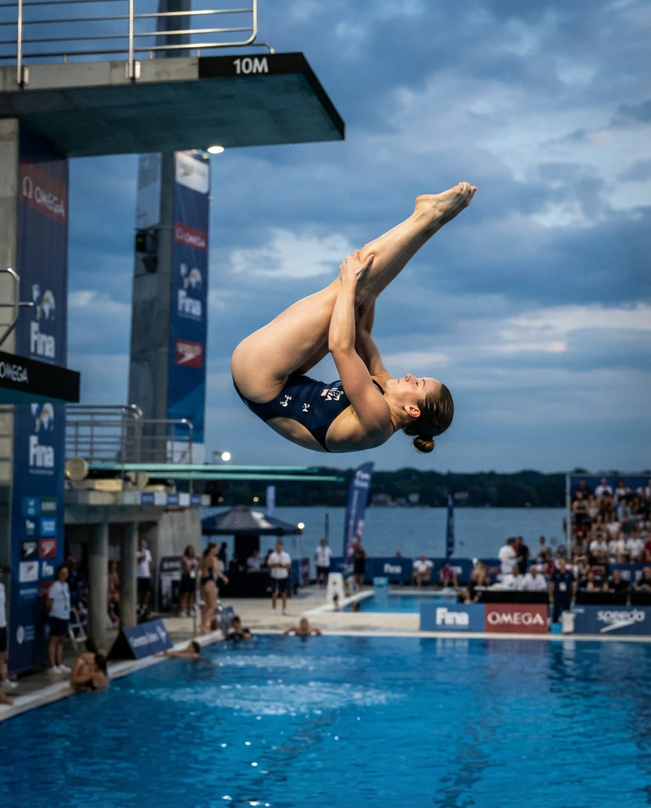 Competitive diver mid-pike rotation off the 10-meter platform, lake and crowd in background