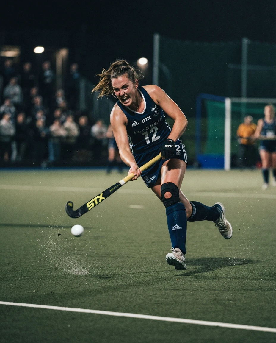 Female field hockey player in dark uniform mid-stride striking the ball with her stick under stadium lighting