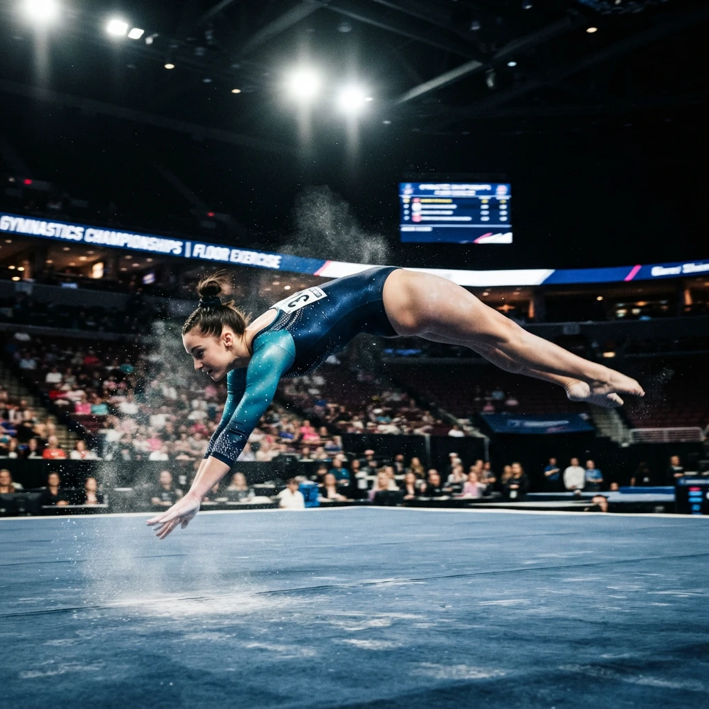 Gymnast mid-tumbling pass on floor exercise, body fully extended in explosive rotation with chalk dust