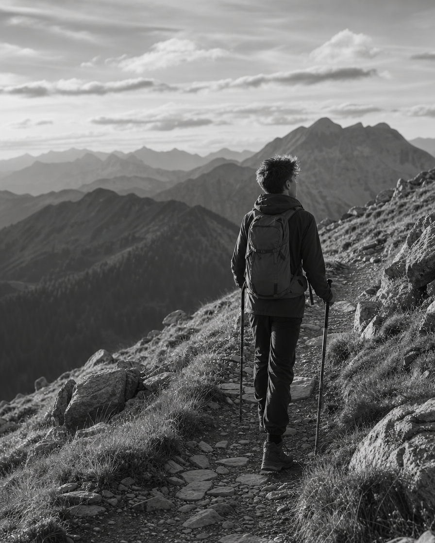 Youth athlete hiking uphill on a mountain trail