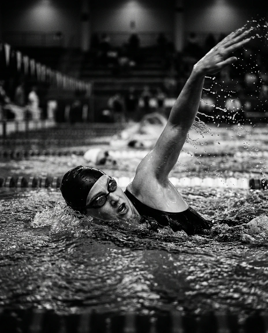 Female swimmer captured mid-stroke