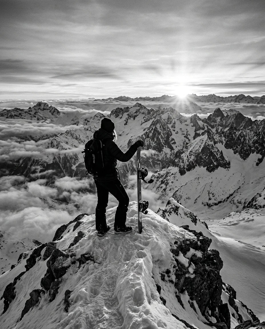Snowboarder standing on a mountain peak at sunrise