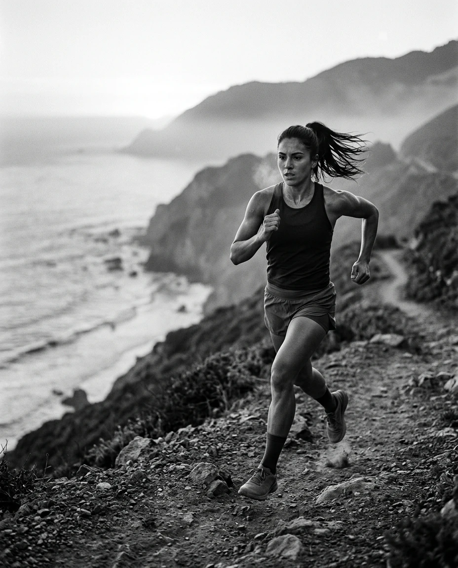 Female athlete running powerfully on a coastal trail at sunrise