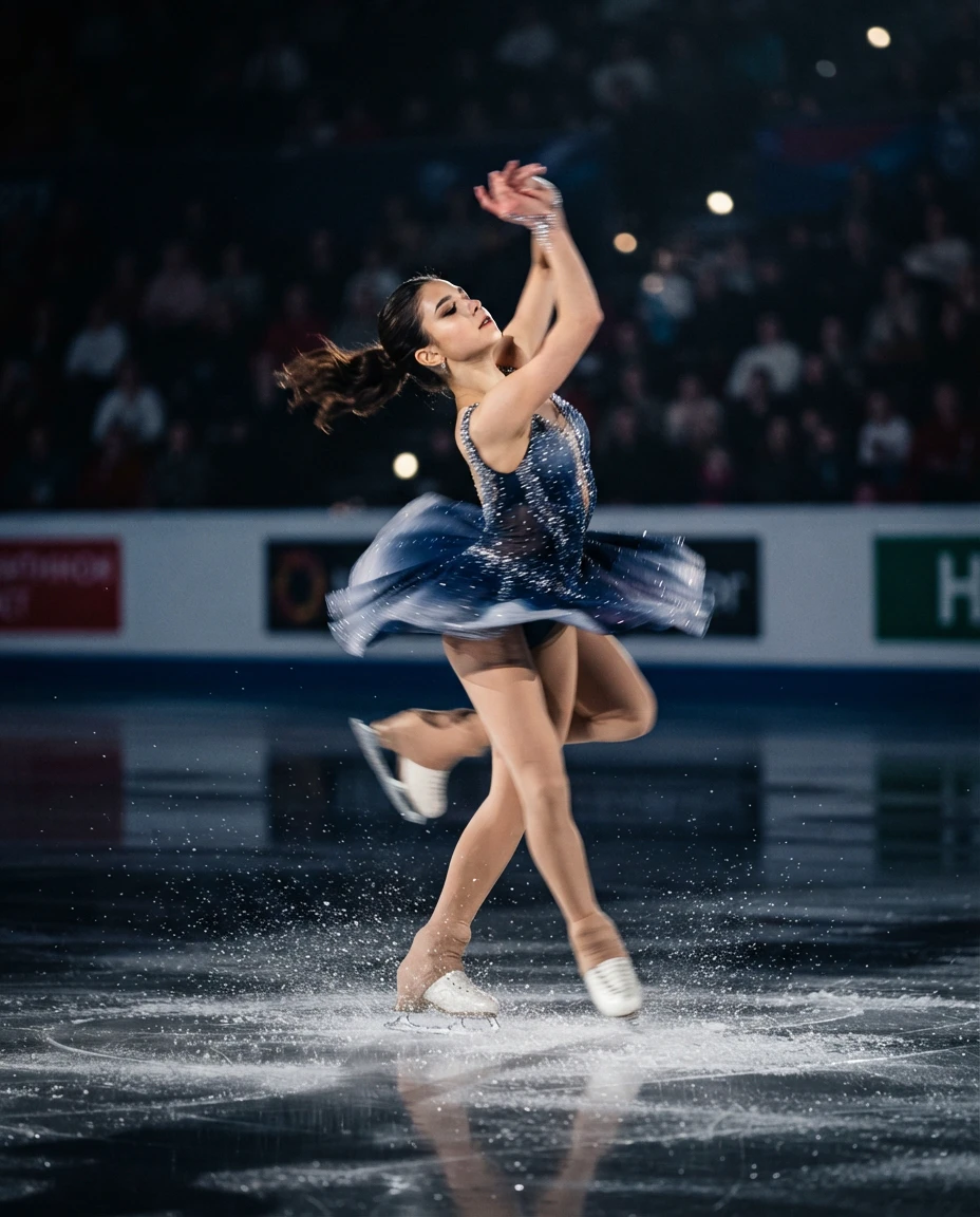 Figure skater mid-spin on the ice, athletic grace and dramatic lighting, professional photography