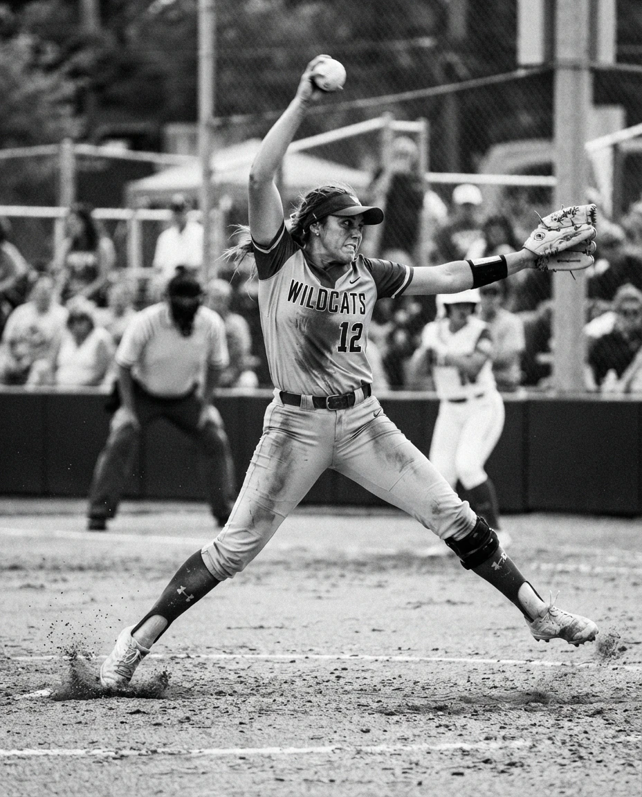 Softball pitcher mid windmill release at full extension after delivery, leg drive and intense concentration, dramatic black-and-white photojournalism