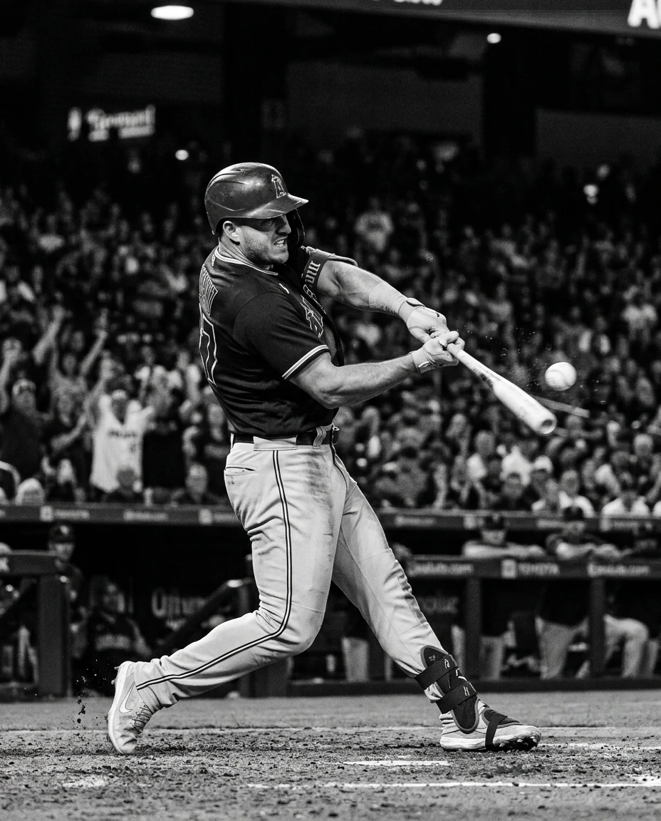 Grayscale photograph of a baseball batter mid-swing