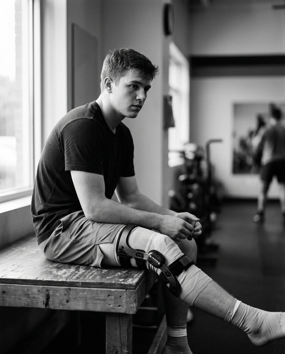 Injured athlete in a knee brace — the inner work of returning from injury